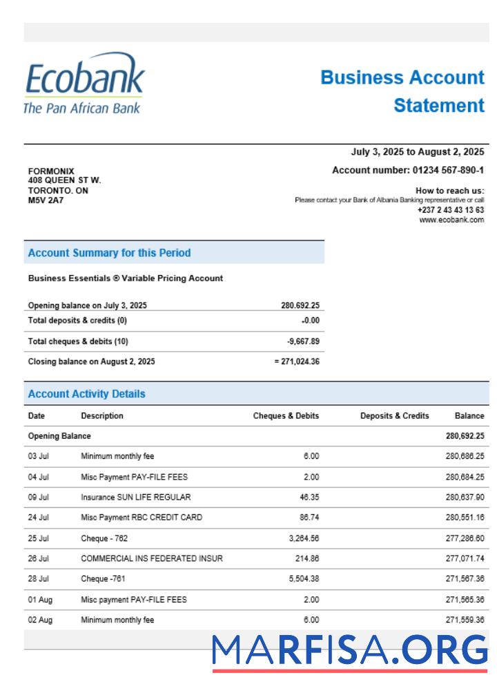 Blank Ecobank organization checking account statement Word and PDF format real example